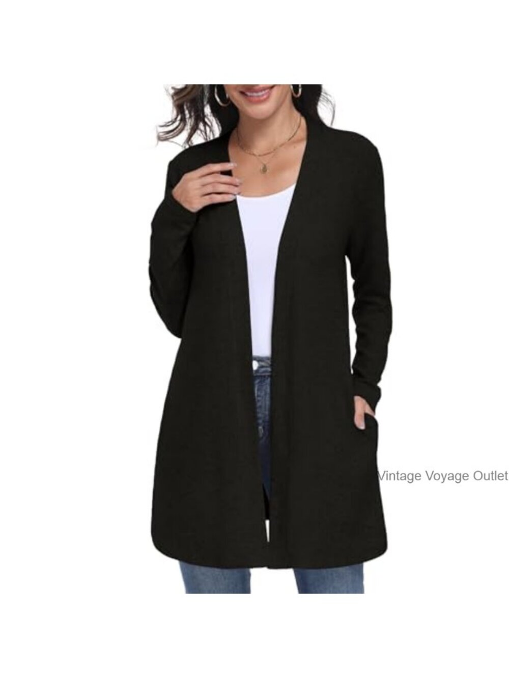 Open Front Lightweight Knit Cardigan Sweater with Pockets Long Sleeve